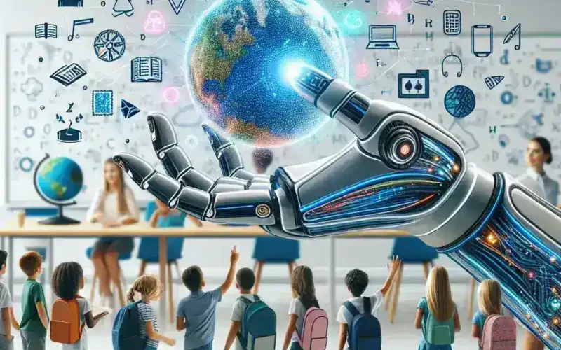 A robotic hand reaching for a globe surrounded by educational icons in a classroom with students raising hands.