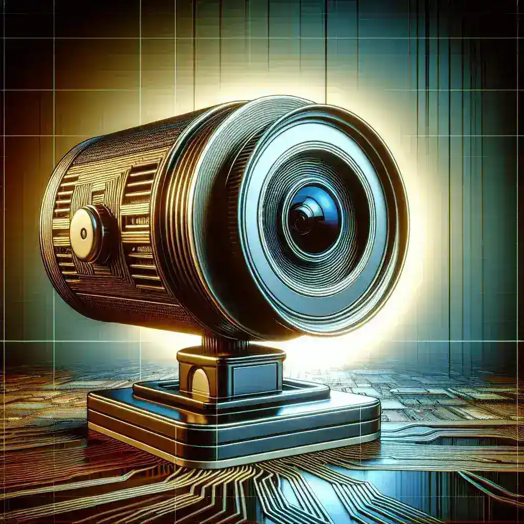 A stylized camera with a metallic finish placed on a circuit board background, illuminated from behind.