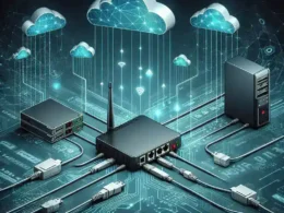 Illustration of network devices connected with cables and cloud icons above them.