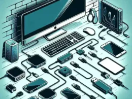 Illustration showing a computer setup with various peripheral devices and cables connected.