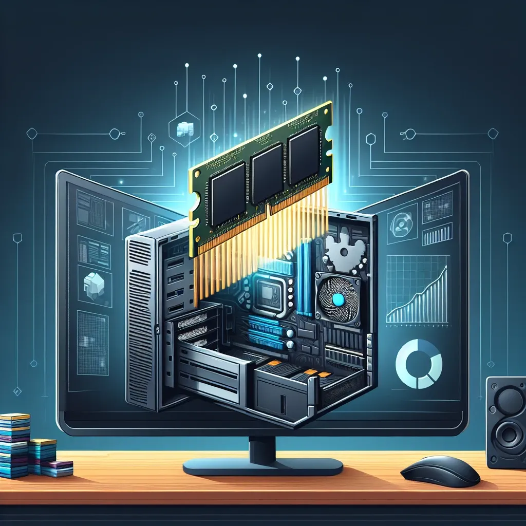 Illustration of a computer with an open case showing internal components and a RAM module above the monitor.