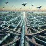 "Drone flying above a major highway, illustrating FCC's spectrum reallocation plans for enhancing drone corridors and traffic management."