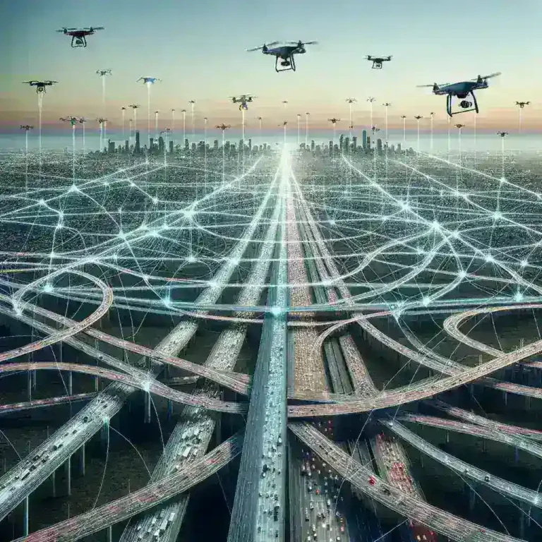 "Drone flying above a major highway, illustrating FCC's spectrum reallocation plans for enhancing drone corridors and traffic management."