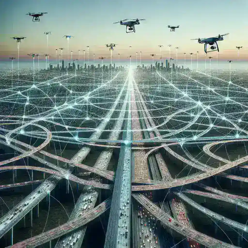 "Drone flying above a major highway, illustrating FCC's spectrum reallocation plans for enhancing drone corridors and traffic management."