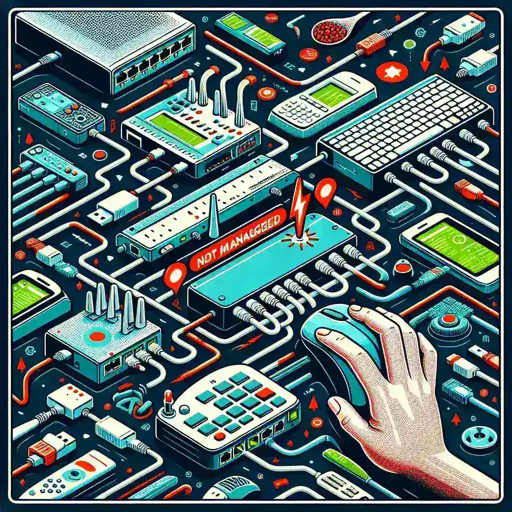 Colorful illustration depicting various network equipment, cables, and a hand using a computer mouse.