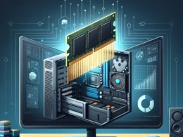 Illustration of a computer monitor displaying internal components with RAM being inserted.