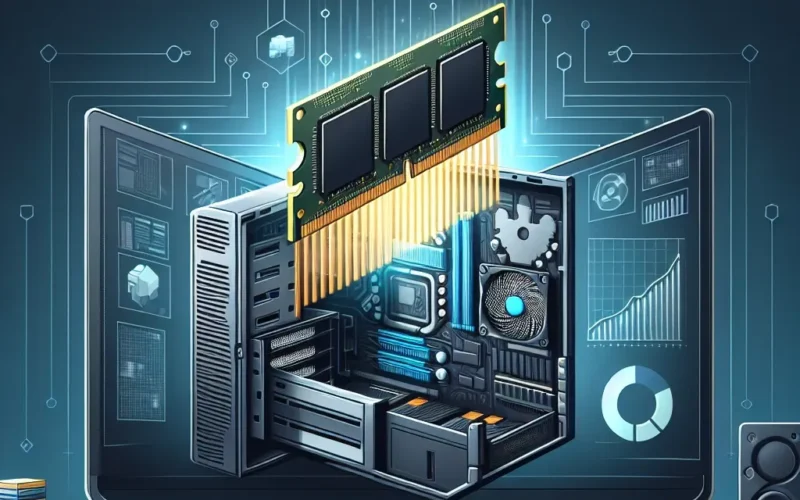 Illustration of a computer monitor displaying internal components with RAM being inserted.