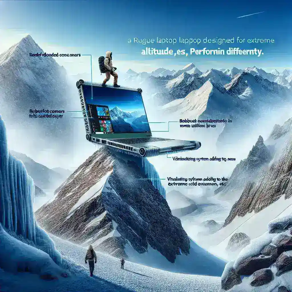 A rugged laptop positioned above a snowy mountain landscape with a figure climbing.