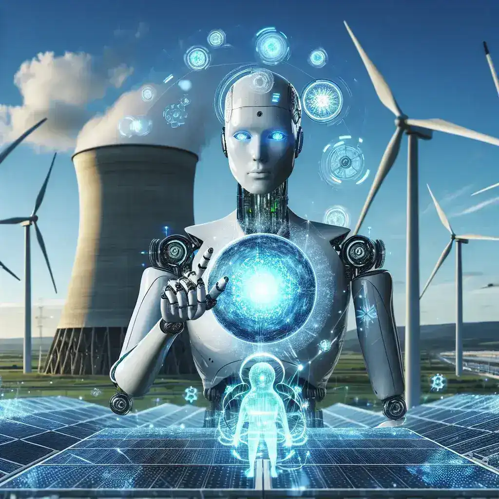 A humanoid robot holding a glowing energy sphere with wind turbines and a cooling tower in the background.