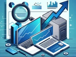 Illustration featuring laptops, a magnifying glass, and charts representing data analysis tools.