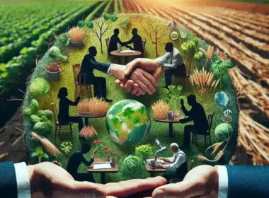 An illustration depicting hands holding a globe surrounded by agricultural and collaborative themes.