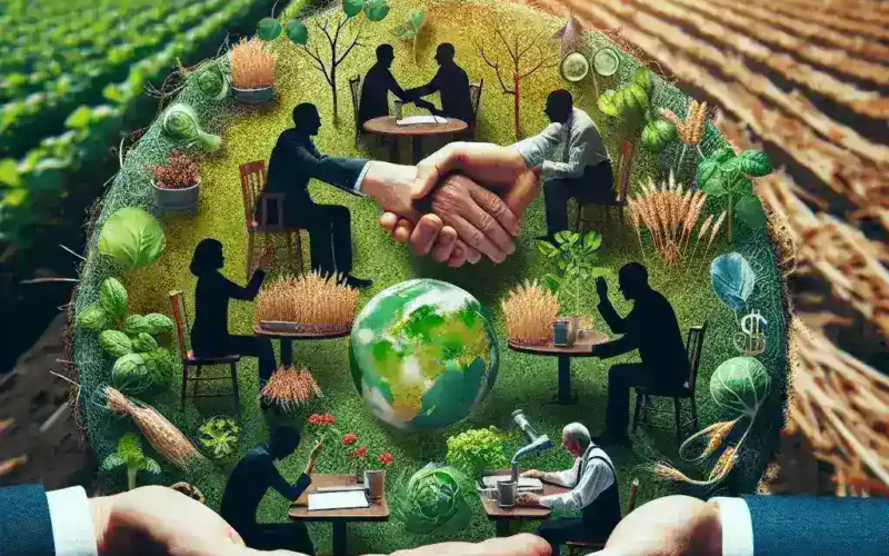 An illustration depicting hands holding a globe surrounded by agricultural and collaborative themes.