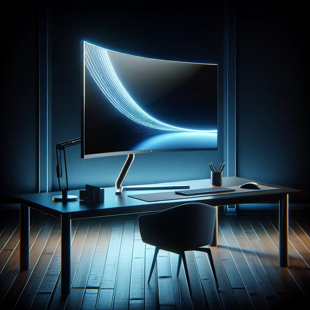 Curved computer monitor with a sleek design placed on a desk with a chair and accessories.