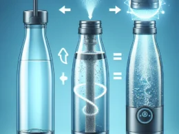 "Revolutionary SodaStream-like device attached to a Hydro Flask, creating sparkling water at home with a sleek design, demonstrating convenience and innovation in beverage preparation."