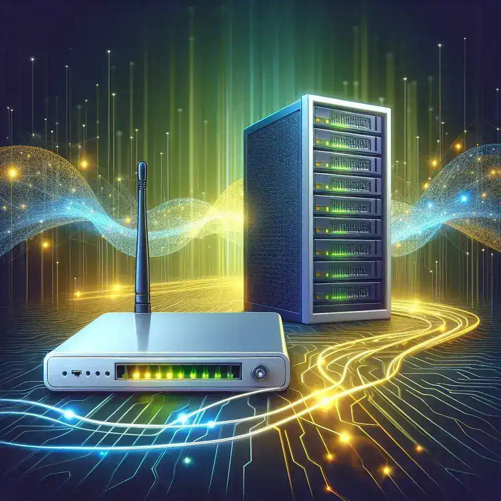 Illustration of a network server and router with glowing lines and digital effects.