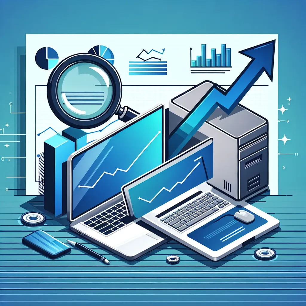 Illustration of laptops, graphs, and a magnifying glass representing data analysis and visualization.