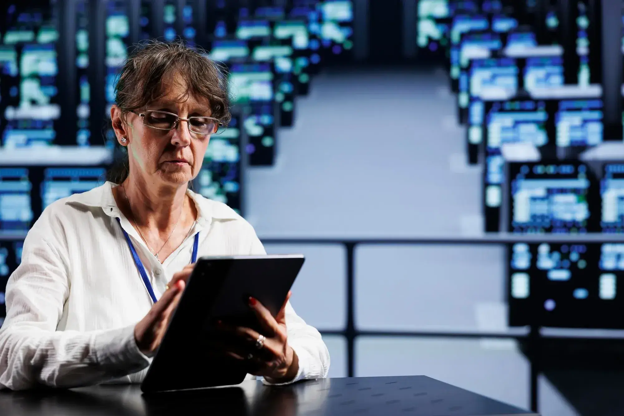 Woman with glasses using a tablet while seated at a table in a data center environment.