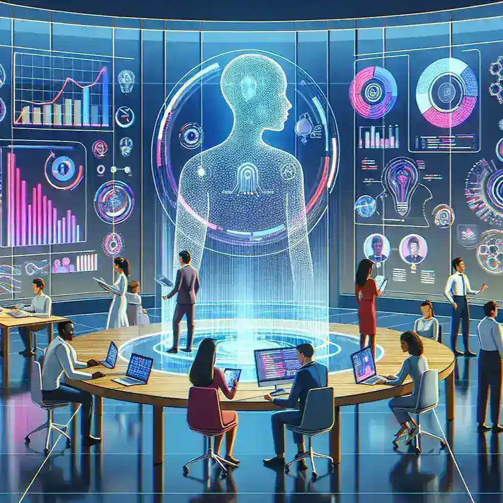 Group of professionals analyzing digital data visualizations in a modern conference room.