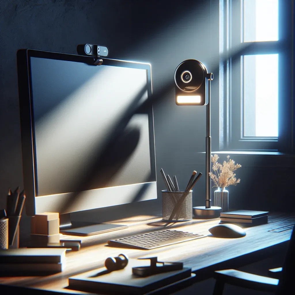 A modern home office featuring a computer monitor, desk lamp, and various office supplies on a wooden desk.